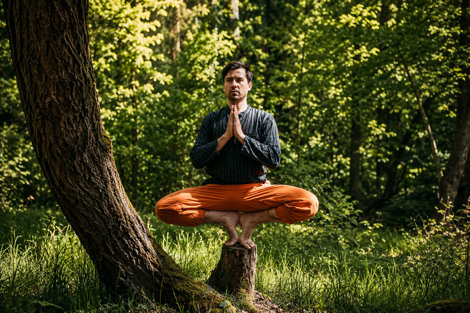 Matthias Wagner in meditativer Yogahaltung im Wald